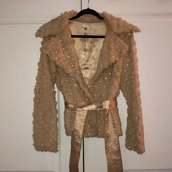 Gorgeous Cache rabbit fur tan jacket, with rhinestones and a silk tie. - Picture 1 of 7